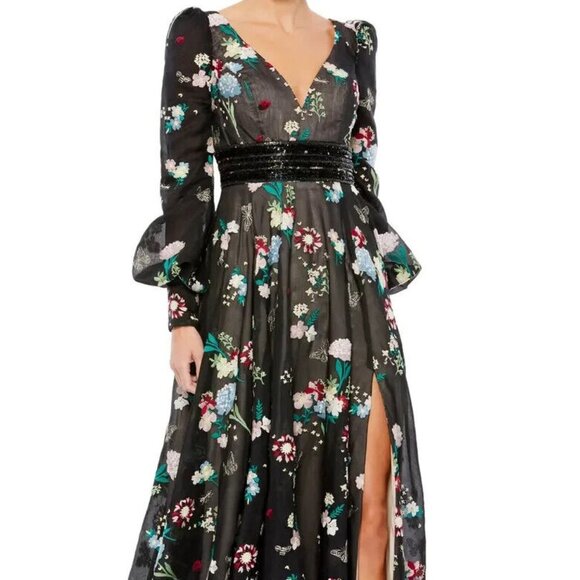 Mac Duggal Black Floral Embroidered Beaded Waist Long Sleeve Gown - Picture 1 of 5